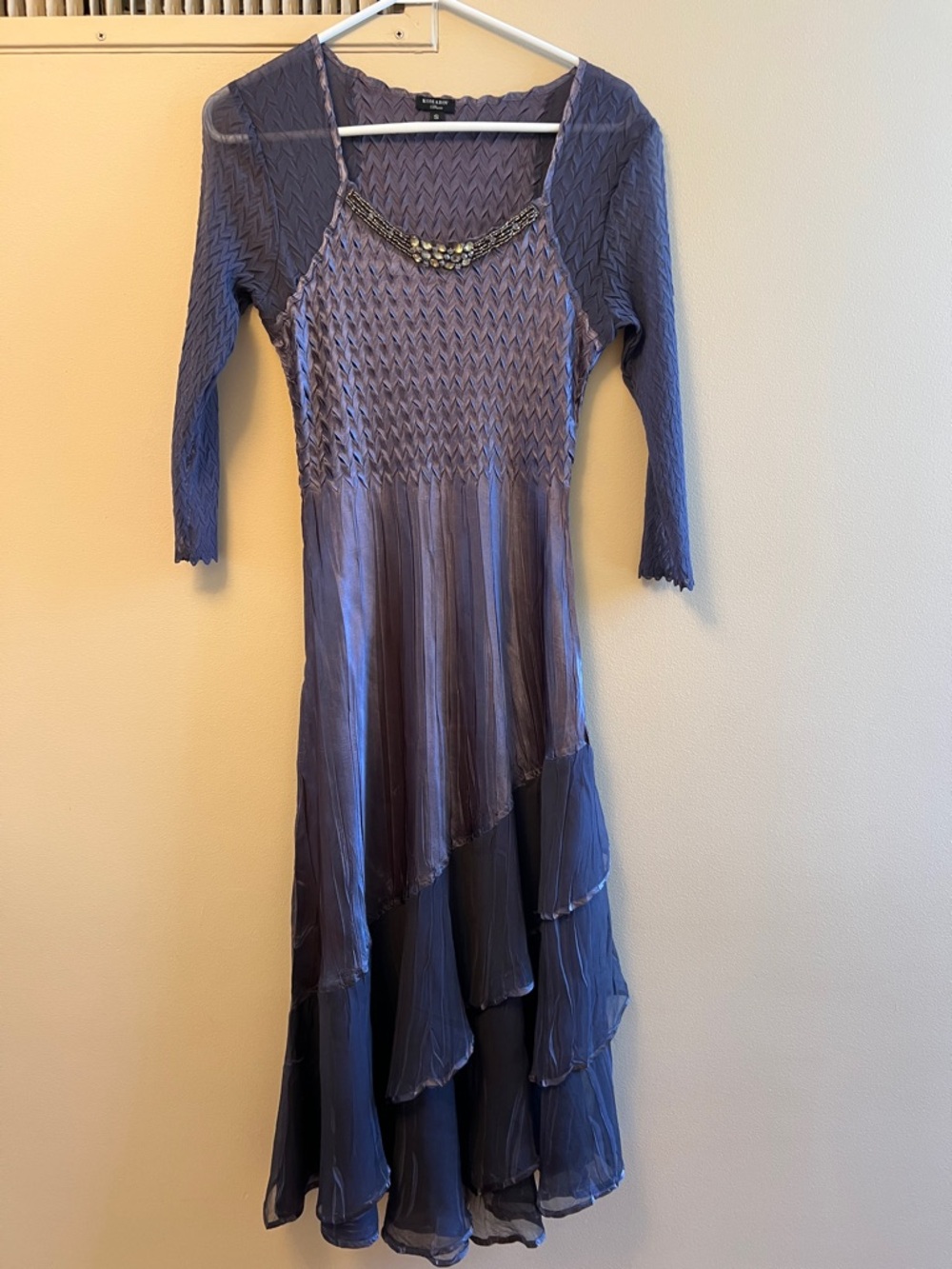 Komarov Lavender-Purple Long Sleeve Midi Dress with Beaded Neckline